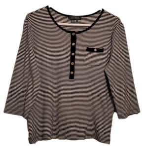 Lauren Ralph Lauren Women’s Striped Henley Top L Black & White Button Front